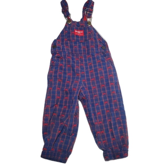 Vintage OshKosh B'Gosh Vestbak 90s Navy Red Wagon Print Baby Overalls 24mo USA